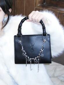 Yves Saint Laurent [Customized Makeup Bag] Black Leather Handbag, Stylish And Unique, Featuring Chain Embellishments; A High-End, Classic, And Versatile Design. - Black - View 6