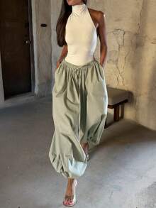 Loose, Relaxed, Green Plaid Drawstring Wide Leg Pants, Women Casual Wear For Spring/Summer - Green - View 4
