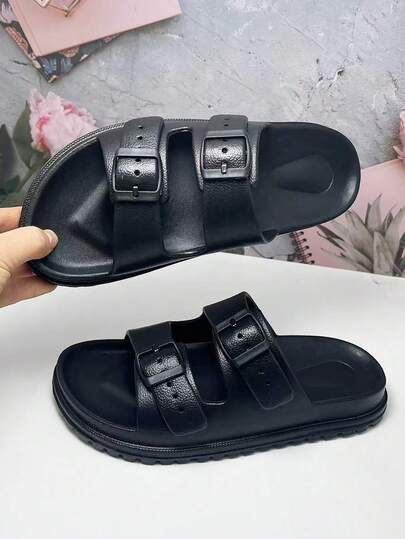 Women's Plus Size Adjustable Double Strap EVA One-Piece Flat Sandals, Solid Color Slip-On Comfortable Soft Beach Vacation Casual Slippers