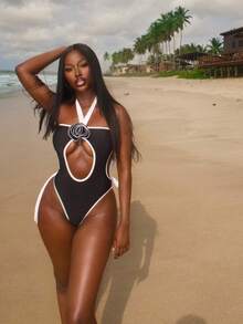 2026 New One-Piece Swimsuit Solid Color Summer Beach Vacation Beachwear,Elegant,Valentine's Day,Beach,Vacation,Carnival,Casual,Chic,Summer Outfits,Summer Holiday Outfits,Spring,Valentine Outfits For Women,Carnival. - 黑色 - 查看 1