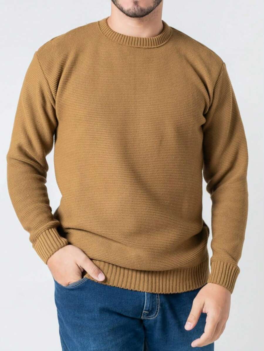 Men's Knitted Sweater, Single Color, Crew Neck, Casual Winter, Plain - 摩卡棕 - 查看 1