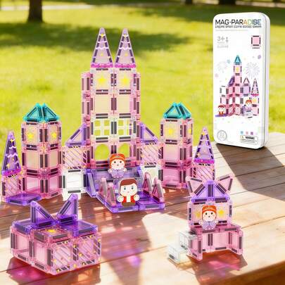 35pcs Mini Magnetic Tiles | Transformable Magnetic Building Blocks - Children Outdoor Puzzle Educational Toys - Portable Travel Iron Box Magnetic Tiles Set