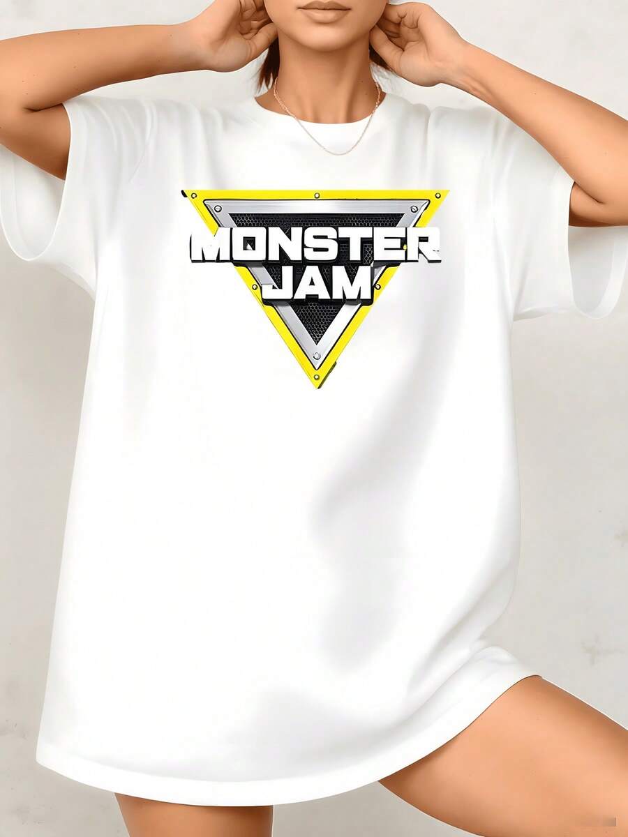 Women's Monster Jam Graphic Print T Shirt Motorsport Theme 100% Cotton Round Neck Tee Casual Style 1pcs They Are Excellent Gifts For Friends And Family, Crewneck Tee,Simple Design,Comfortable,Black Color,Everyday Wear - trắng - Xem 1