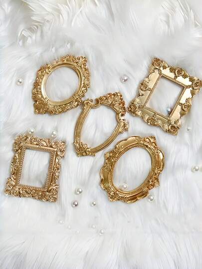 5pcs Mini Gold Photo Frames - Vintage Floral Oval & Rectangular Baroque Style, Suitable For Jewelry Display, Photography Decor And Party Favors