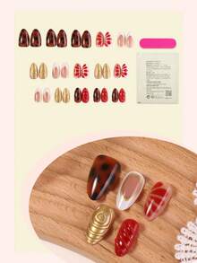 10片法式尖头亮面亚克力假指甲，中号杏仁形，3D镀金线条装饰豹纹设计，时尚Y2K极简风格，适合女性和女孩日常佩戴 - 彩色 - 查看 3