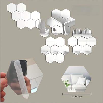 20片装结实耐用的六边形自粘墙贴，银色几何图案镜面装饰，适用于墙面、客厅、浴室、餐厅、万圣节、圣诞节等场合。