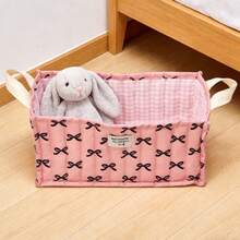 Quilted Storage Basket With Handle Cute Bow Organizer Container Fabric Desktop Storage Box Storage Case For Gift Home Room Office Decor - Black - View 3