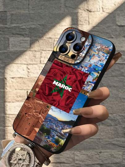 Fashionable Moroccan Flag & Landscape Photo Collage Design Protective Phone Case, Raised Camera Lens, Compatible With Iphone 17/17Pro/17Pro Max, 16, 15, 14, 13, 12, 11 Plus/Pro Max Series, And Galaxy S/A Series, Suitable As Easter, Christmas, Halloween Decoration/Birthday, Girlfriend, Boyfriend, Friend Or Self Gift