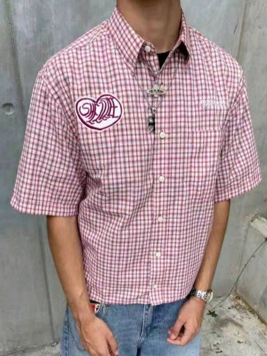 Men's Pink Plaid Shirt, Loose Fit Plaid Long Sleeve Top, Slim Fit Cotton-Like Casual Retro Button-Down Shirt - Multicolor - View 1