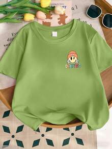 Girls' Round Neck Short Sleeve Graphic Slogan Casual T-Shirt, Spring/Summer - Green - View 2