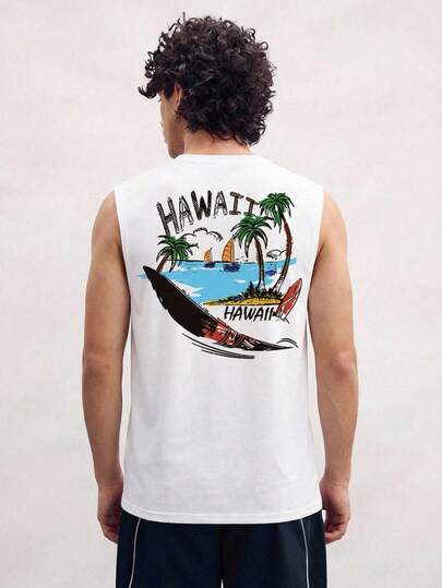 Open Phase 男士休闲圆领椰树冲浪主题印花背心，适合海滩度假和日常穿着，春夏皆宜。
