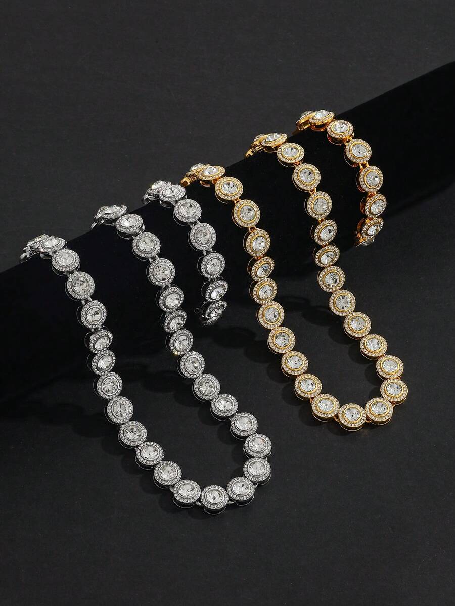 Fully Iced-Out Round Pendant Necklace, Street Style Choker Necklace For Men, Personalized Rhinestone Necklace - Hip-hop Rhinestone Cuban Chain Necklace - View 1