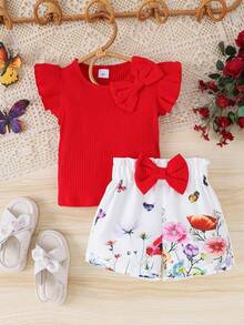 2pcs Young Girls Elegant Casual Red Cap Sleeve Top + Printed Shorts Set, Commuter Outfit - Red - View 4