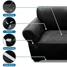Single Sofa Cover Leather Look Chair Covers For Living Room 1-Piece Sofa Chair Covers With Arms Stretch Furniture Protector With Elastic Bottom & Pockets(Armchair, Black) - 黑色 - 查看 6