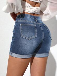 Quần short denim nữ cơ bản ôm sát, đơn giản, nâng hông, kiểu dáng mùa hè mới, mang phong cách Âu Mỹ thời thượng, phù hợp với phong cách thanh lịch, đi biển, phong cách bohemian. Thường ngày. - Màu xanh lam - Xem 2