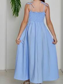 LONG DRESS FOR CHILDREN, YOUNG GIRL, PLAIN, TIE-UP STRAPS, RUFFLED TANK TOP - 藍色 - 查看 2