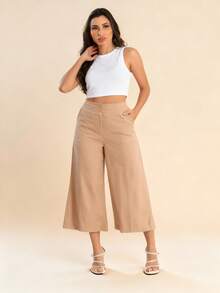 Women's Linen Capri Midi Pantacourt Trousers With Buttons, Wide Leg, Flare, High Waist, Casual Style - Khaki - View 1
