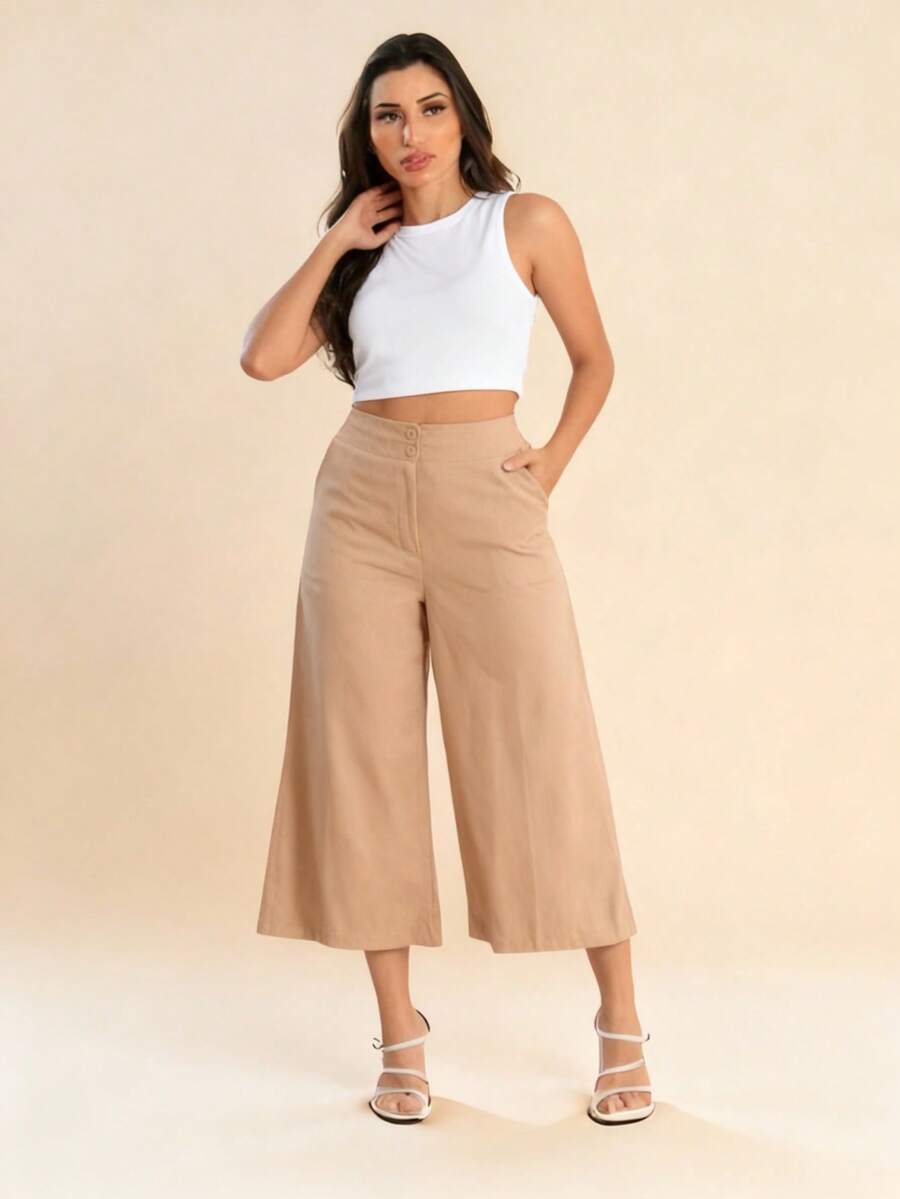 Women's Linen Capri Midi Pantacourt Trousers With Buttons, Wide Leg, Flare, High Waist, Casual Style - Khaki - View 1