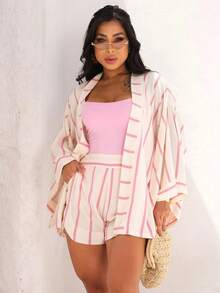 Women's Kimono And Shorts Set - Baby Pink - View 2