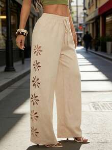 Women's High Waist Drawstring Linen Pants Bohemian Floral Cutout Wide Legs - Apricot - View 9