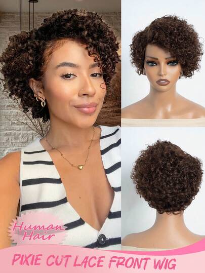 Short Curly Lace Front Wig Human Hair Pixie Cut Curly Lace Front Wig With Deep Side Lace Part Transparent Lace Front Wig Pre Plucked With Baby Hair Natural Black Color Pixie Cut Afro Kinky Curly Wig Soft Remy Brazilian Hair Wig For Everyday Use