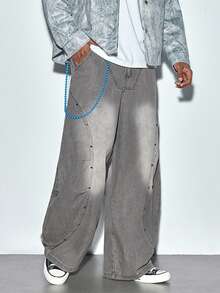 Modcrash 1件 Justice Brother 男士休闲宽松破洞阔腿牛仔裤，日系风格，百搭春夏款 - 灰色 - 查看 1