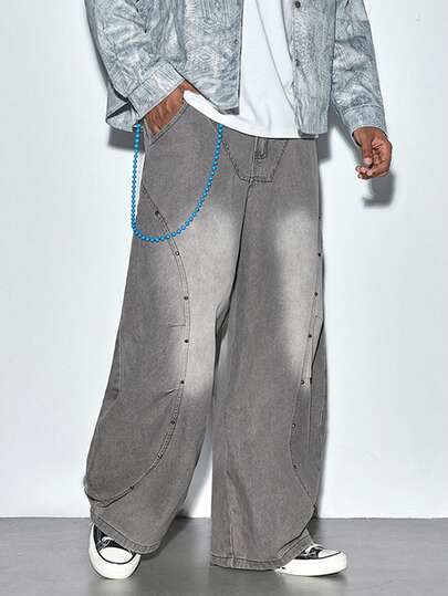 Modcrash 1件 Justice Brother 男士休闲宽松破洞阔腿牛仔裤，日系风格，百搭春夏款