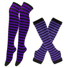 Benefeet Sox Womens Rainbow Striped Knee High Thigh High Socks Arm Warmers Set Fingerless Gloves Halloween Costume - BlackPurple - 查看 3