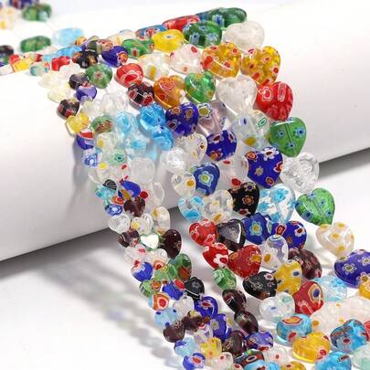 30-58pcs Colorful Glass Heart-Shaped Loose Beads, For DIY Bracelet And Necklace Jewelry Making Accessories,Size 6-12mm