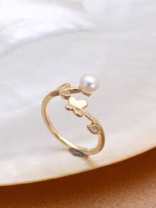 1pc 18K Gold Plated Natural Freshwater Pearl & Cubic Zirconia Adjustable Ring, Gift For Mother's Day, Valentine's Day, Birthday, Wedding, Bride - Butterfly - View 3