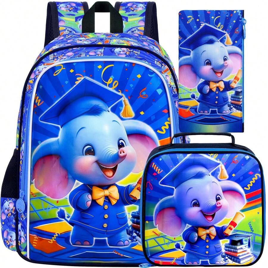 3pcs Kids Backpack Set, 16 Inch Boys Elephant Backpack And Lunch Box With Cute Dinosaur Pattern - Backpack - View 1
