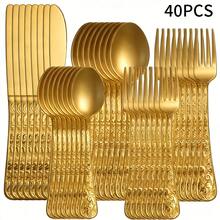 Bộ dao nĩa thép không gỉ khắc hoa văn cổ điển 5/20/40 món - Bộ đồ ăn nhà bếp cao cấp, thời trang và thanh lịch - Bao gồm dao, nĩa, thìa, nĩa và thìa tráng miệng - An toàn với máy rửa chén, bền chắc, đánh bóng như gương - Bộ đồ ăn sang trọng thích hợp làm quà tặng tân gia, đám cưới, tiệc Giáng sinh, bữa ăn gia đình, trang trí nhà bếp, sử dụng hàng ngày. - Vàng - Xem 10