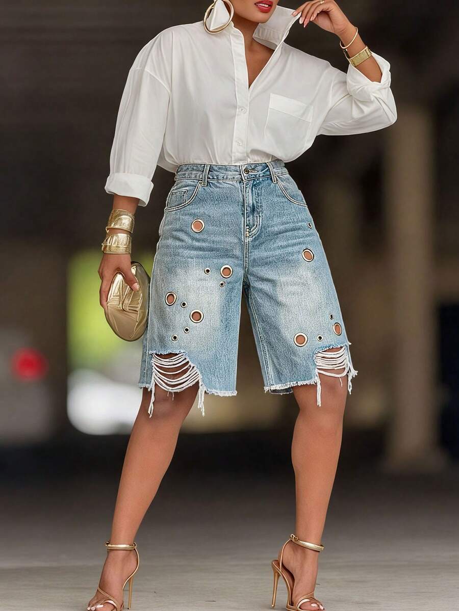 GLOURI Women's Light Wash Denim Jorts - Grommet Detail & Raw Hem, Edgy Streetwear Shorts For Music Festivals, Beach Days & Casual Wear - 藍色 - 查看 1