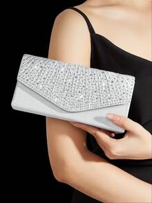 Shiny Rhinestone Flap Evening Bag Party Bag, Elegant And Fashionable Pleated Clutch Prom Bag, With Shiny Rhinestone Jewelry Three Pieces Set, Suitable For Parties, Dinners, Gatherings, Dances, Weddings. - Silver - View 5