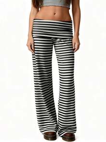 Women Low Waist Loose Fit Striped Folds Over Wide Leg Pants Lounge Home Sweatpants - 灰色 - 查看 5