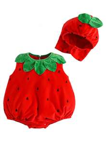 Disfraz de Fresa para Bebé Niño y Niña, Mono Sin Mangas con Ribete de Hojas de Felpa y Gorro, Ropa de Cosplay para Halloween - Rojo - Ver 8