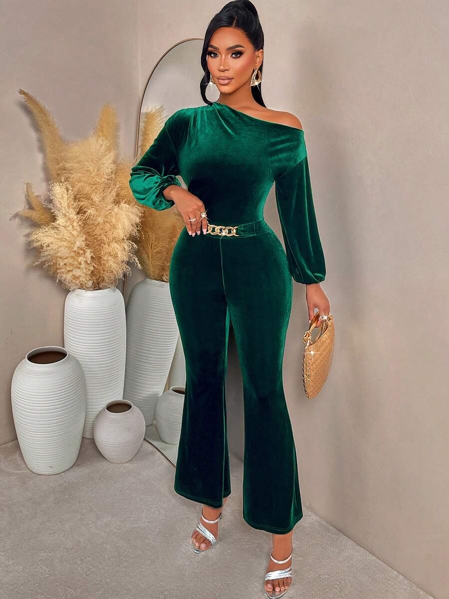 AIJ Salopetă Amarilo verde închis, cu mânecă lungă, talie încrețită, cataramă metalică, pantaloni evazați, din catifea, casual elegantă, potrivită pentru Crăciun, Anul Nou și toamna/iarna, ținute de primăvară - imagine 5