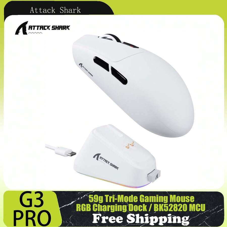 Chuột chơi game không dây ATTACK SHARK G3PRO kèm đế sạc RGB, kết nối có dây 2.4G/USB-C/Bluetooth, cảm biến quang PAW3311, tốc độ phản hồi 1K, DPI có thể điều chỉnh 25K, pin 500mAh, trọng lượng siêu nhẹ 59g.