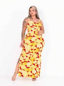 Vestido Alça Floral Modelo Curvy Moda Plus Size Alcinha Fenda Canelado Curve Longo Elastano Festa Social Gestante Flor Confortável - Floral Amarelo - Visão 7