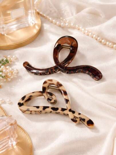 2个/1个女士浅灰色透明弯爪发夹，带豹纹爱心爪夹，时尚鲨鱼夹发饰，优雅简约，纯色发夹，适合日常、休闲、派对、海滩、度假、发型设计、洗脸/洗头、化妆、服装配饰，秋季时尚发夹，秋季发饰，冬季发夹，春季发夹，夏季发夹