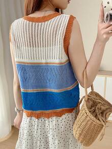 蓝白橙撞色镂空针织背心，V领单排扣无袖开衫 春季 - 藍白色 - 查看 3