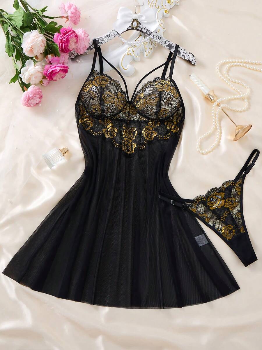 EverydayBra 女士金色撞色蕾丝性感短款睡裙，网纱镂空A字连衣裙，女士吊带吊带裙，蕾丝玫瑰哥特风情趣睡袍 - 金色 - 查看 1