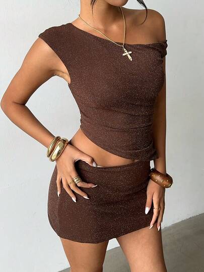 Glitter Brown Asymmetric One-Shoulder Two Pieces Set With Fitted Top, Short Bodycon Skirt – Casual Chic Style Ideal For Coffee Shop Meetups, Shopping Going Out, Weekend Hangouts, Casual Brunches, Music Festival, Vacation, Plain Spring Summer Outfit