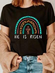 Pascua, Arcoíris, Él ha resucitado, Religioso Camisetas de verano, blusa informal de manga corta y cuello redondo para verano y primavera, ropa de mujer. - Negro - Ver 6