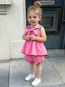 2 pièces/set Ensemble débardeur + short pour bébé fille, décontracté et mignon avec nœud, adapté pour l'été et les sorties, tenue à bretelles pour bébé fille - Rose vif - Voir 1