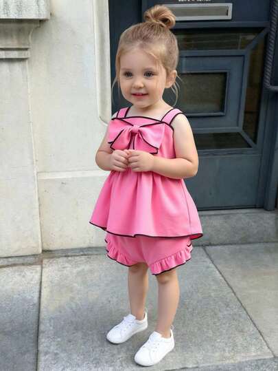 2pcs/Set Baby Girls Casual Everyday Cute Bow Decor Camisole + Shorts Set, Suitable For Outdoor Summer, Baby Girl Strap Outfit