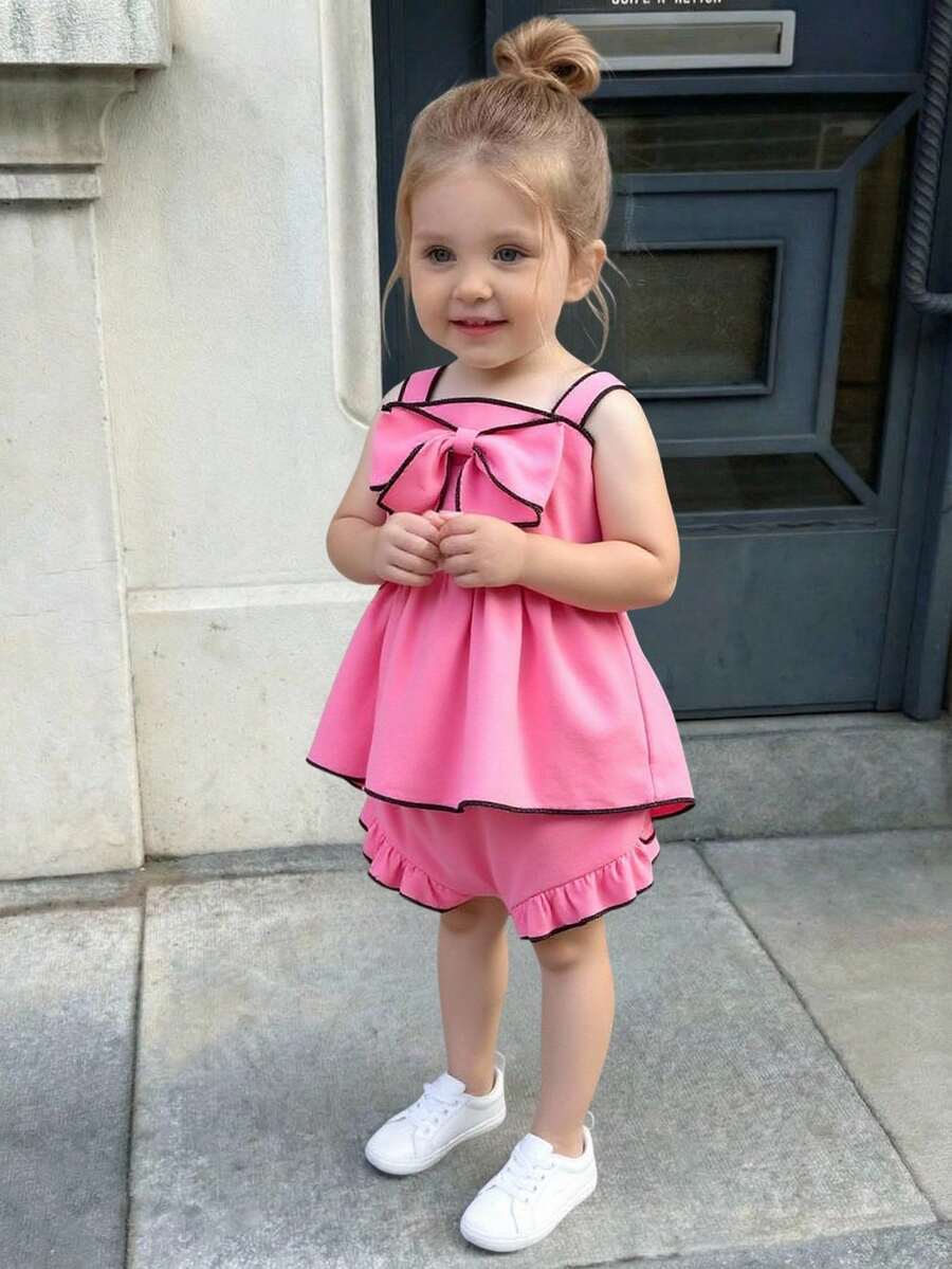 2 pièces/set Ensemble débardeur + short pour bébé fille, décontracté et mignon avec nœud, adapté pour l'été et les sorties, tenue à bretelles pour bébé fille - Rose vif - Voir 1