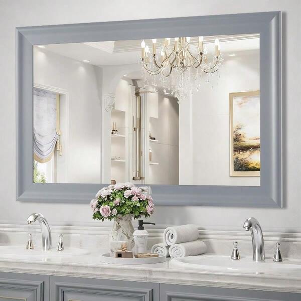 Wood Bathroom Mirror 24x36 Inch, Grey Wooden Rectangle Mirrors With Tempered Glass For Bathroom,Living Room Or Entryway