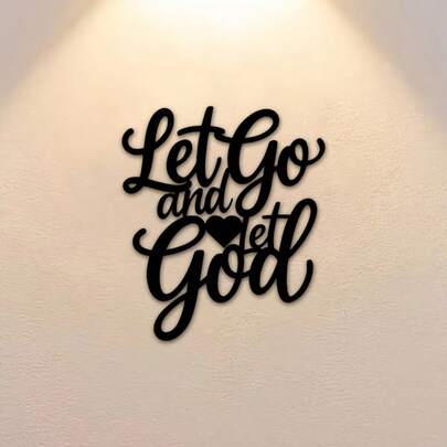 1pc 2D Flat Elegant Christian Metal Wall Art Sign - "Let Go And Move Forward" Inspirational Quote, Black Cursive Design With Gold Accents, Suitable For Home, Office, Church Or Holiday Decor, Religious Home Decor | Cursive Text Sign |