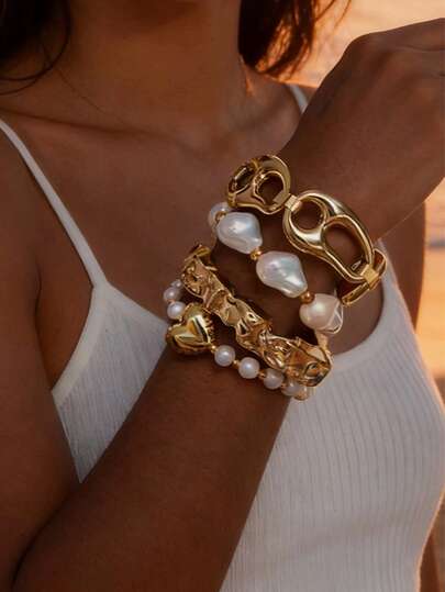 4pcs/Set Fashionable European & American Multi-Layer CCB Heart Tree Resin Irregular Pearl Bracelet Bangle Jewelry Set, Suitable As Jewelry Gift For Saudi Party